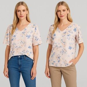 Floral V-Neck Women's Top - Cream and Blue 💕